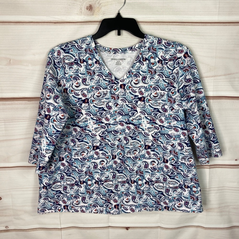 Jessica London Top Womens 18W 20W Blue Paisley T-Shirt V-Neck 3/4 Sleeve Cotton